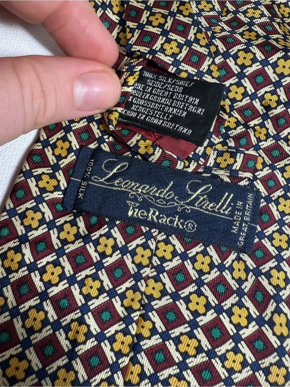 Leonardo Itrelli 100% Silk Tie Navy Blue Gold Geometric Woven Tie Made in Italy